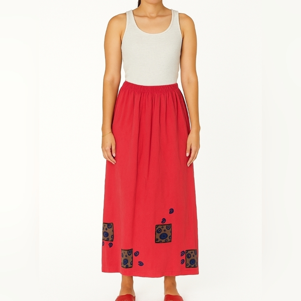 Blue Fish VTG Maxi Hand Painted Organic Cotton Skirt In Red Langenlook Size 1